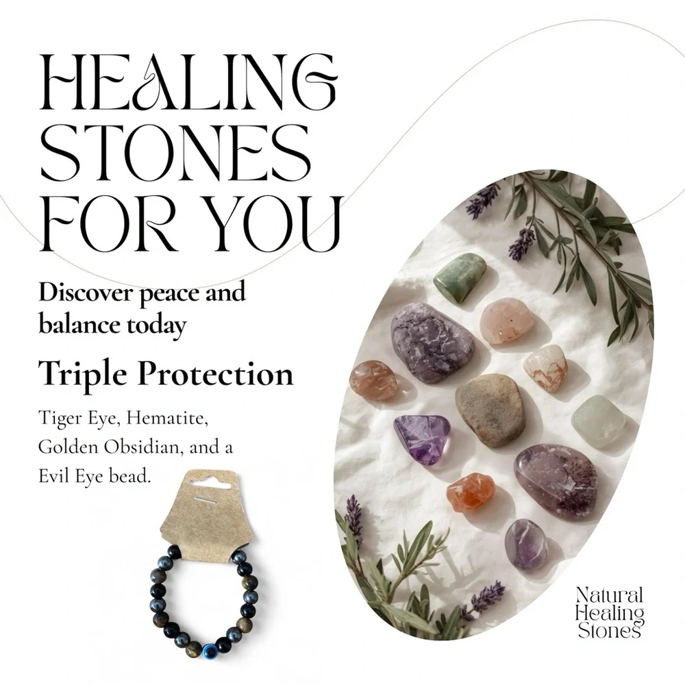 Women’s Healing Stone Bracelet Triple protection with Evil Eye bead